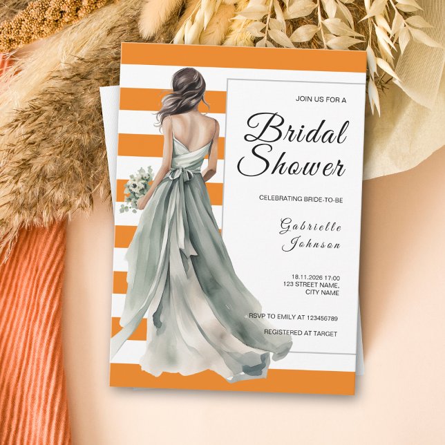 Sage Green Bride Orange Stripes Bridal Shower Invitation (Creator Uploaded)
