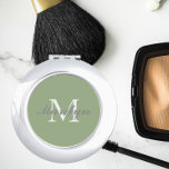 Sage Green Bridesmaid Initial and Name Compact Mirror<br><div class="desc">A personalized compact mirror for your wedding bridesmaid or maid of honour that has her initial and name on a trendy,  sage green colour background. Edit to replace initial and name. Select your compact mirror style.</div>