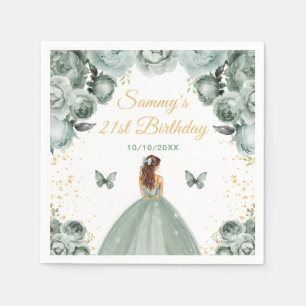 Sage Green Brown Hair Princess Birthday Party Napkin