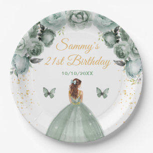 Sage Green Brown Hair Princess Birthday Party Paper Plate