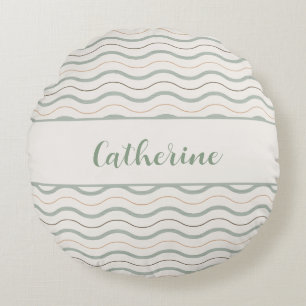 Sage Green & Brown Nautical Waves Decor Round Pillow