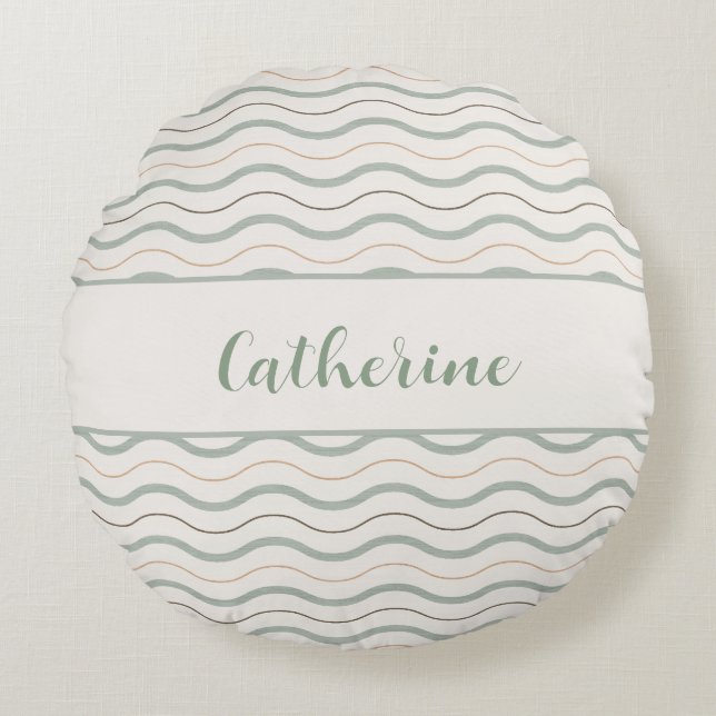 Sage Green & Brown Nautical Waves Decor Round Pillow (Front)