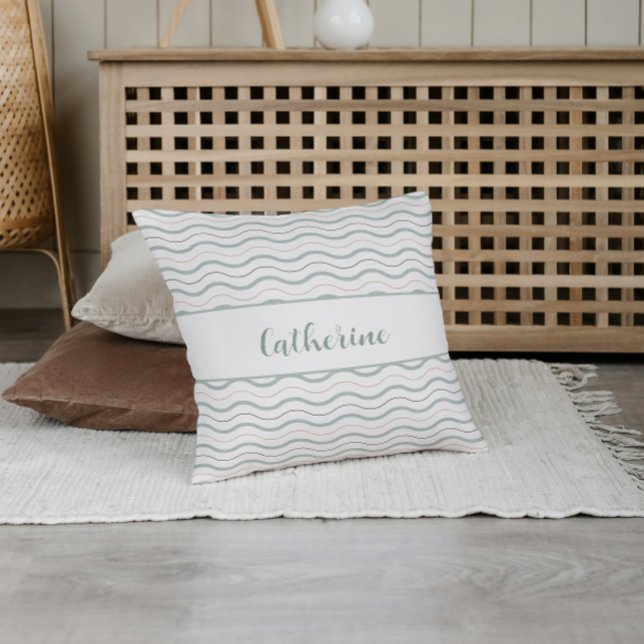 Sage Green & Brown Nautical Waves Decor Throw Pillow (Teal and Off White Nautical Waves Coastal Decor Theme Throw Pillow)