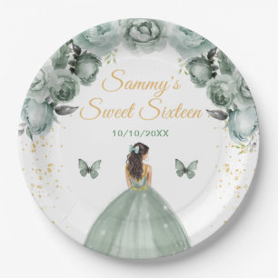 Sage Green Brunette Hair Princess Sweet Sixteen Paper Plate