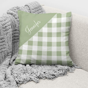 Sage Green Buffalo Plaid Check Pattern Name Throw Pillow