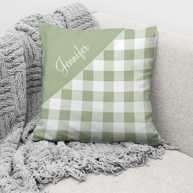 Sage Green Buffalo Plaid Check Pattern Name Throw Pillow (Creator Uploaded)
