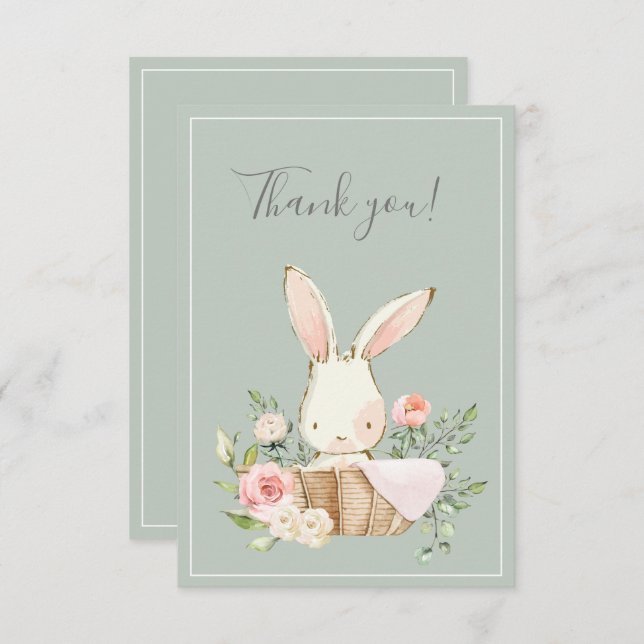 Sage Green Bunny Rabbit Flat Thank You Card (Front/Back)