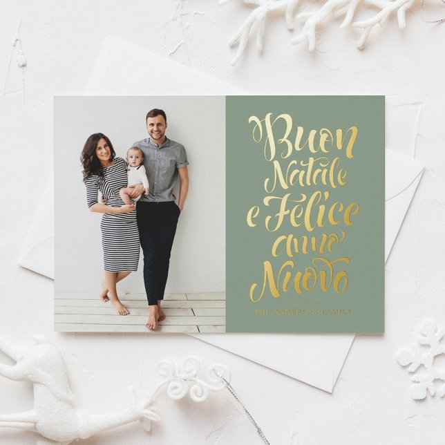 Sage Green Buon Natale Calligraphy Christmas Photo Foil Holiday Card (Creator Uploaded)