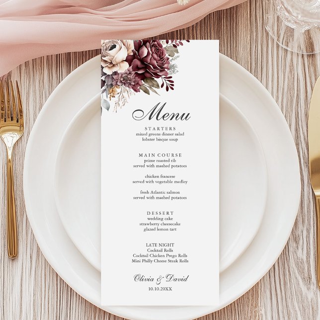 Sage Green & Burgundy Floral Mariage Menu (Sage Green & Burgundy Floral Wedding Menu on an elegant wedding table.)