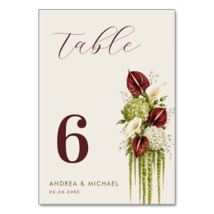 Sage Green & Burgundy Floral Table Number Card
