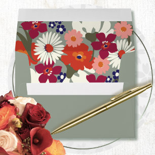 Sage Green Burgundy Orange Retro Floral Wedding  Envelope