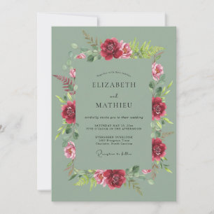 Sage Green Burgundy Pastoral Wedding Invitation