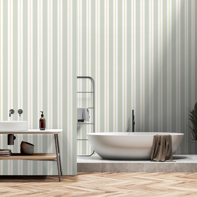 Sage Green Buttercup Yellow 3 Inch Awning Stripe Wallpaper (Bathroom)
