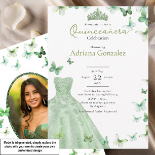 Sage Green Butterflies Dress Tiara Quinceanera Invitation