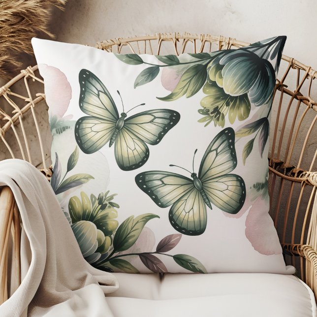 Sage Green Butterfly Throw Pillow (Sage Green Butterfly Throw Pillow in a boho neutral rattan armchair)