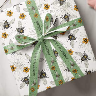 Sage Green Buzzing Bees Thank You Baby Shower Grosgrain Ribbon