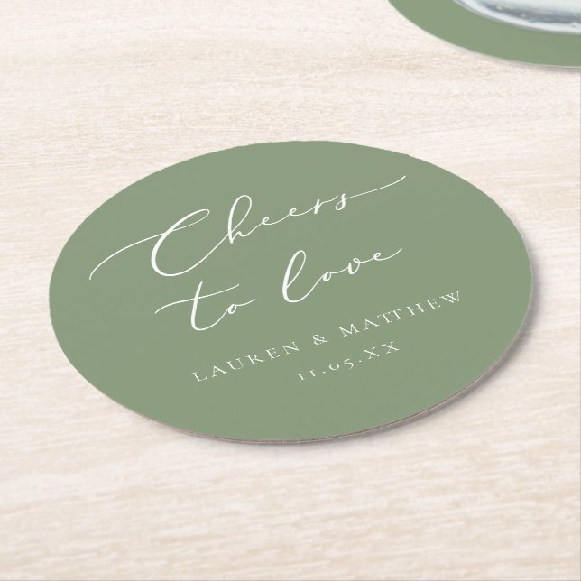 Sage Green Calligraphy Cheers to Love Wedding Round Paper Coaster (Angled)