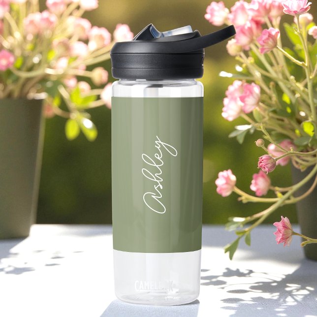 Sage Green Calligraphy Handwriting Name  Water Bottle (Creator Uploaded)