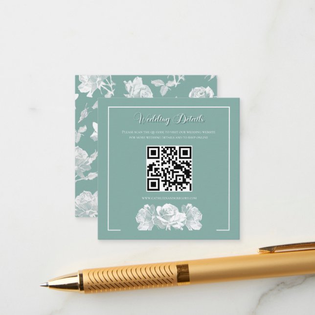 Sage Green Calligraphy QR Info Wedding Enclosure Card (Front/Back In Situ)