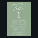 Sage Green Calligraphy Seating Chart Table Number<br><div class="desc">Elegant white calligraphy "table",  with guest names listed and table number,  wedding table number seating chart card. Background colour shown in sage green,  can be customized.</div>