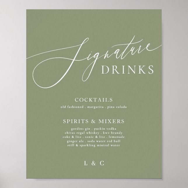 Sage Green Calligraphy Wedding Signature Drinks Poster (Front)