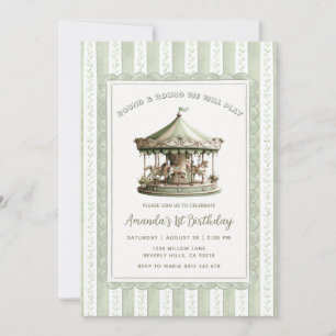 Sage Green Carousel Merry-go-round Birthday Party  Invitation