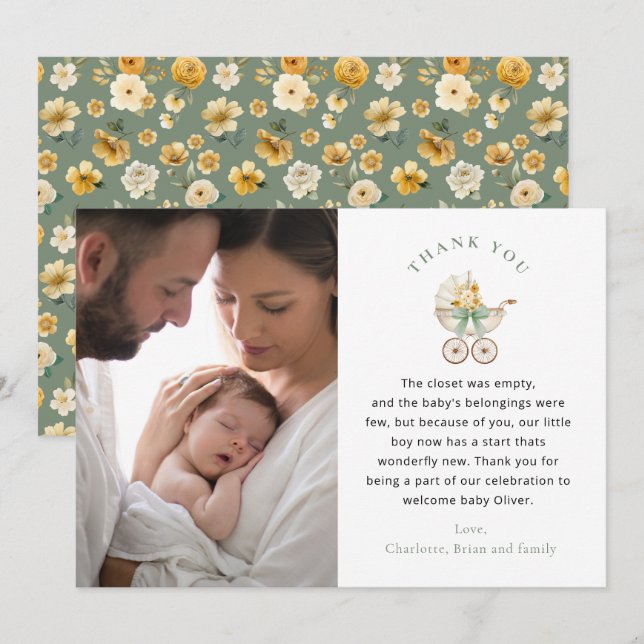 Sage Green Carriage Baby Shower Photo Thank You (Front/Back)