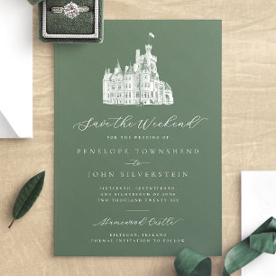 Sage Green Castle Illustration Weekend Wedding  Save The Date