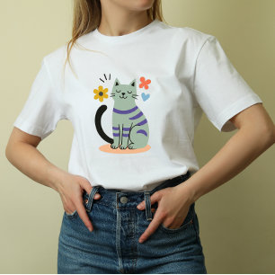 Sage Green Cat Boho Floral Mid Century Art T-Shirt