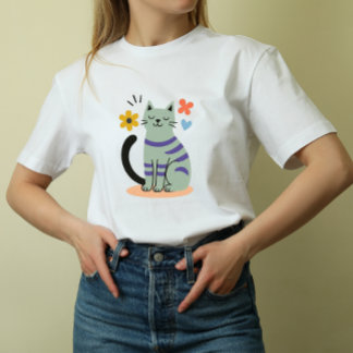 Sage Green Cat Boho Floral Mid Century Art T-Shirt