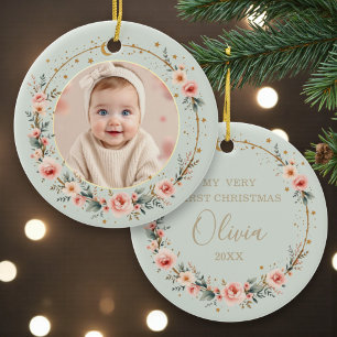 Sage Green Celestial Baby First Christmas Photo Ceramic Ornament