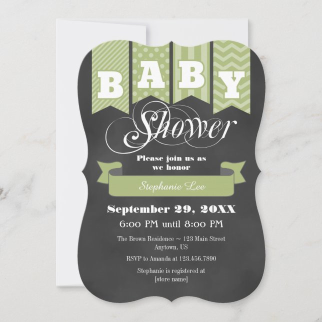 Sage Green Chalkboard Flag Baby Shower Invite (Front)