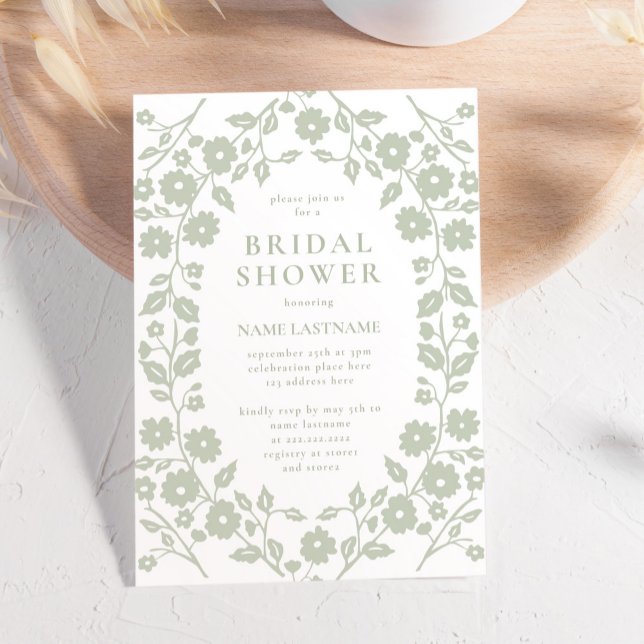 Sage Green Charming Folk Flowers Bridal Shower Invitation (Creator Uploaded)
