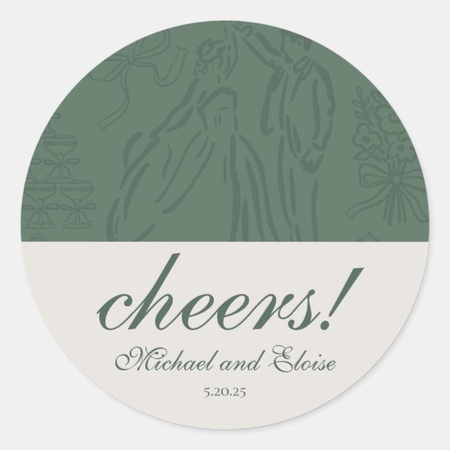 Sage Green Cheers Elegant Personalized Wedding Classic Round Sticker (Front)