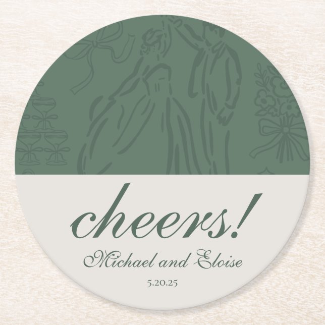 Sage Green Cheers Elegant Personalized Wedding Round Paper Coaster (Front)