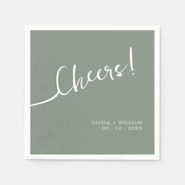 Sage Green Cheers Wedding Napkins Script Design (Front)