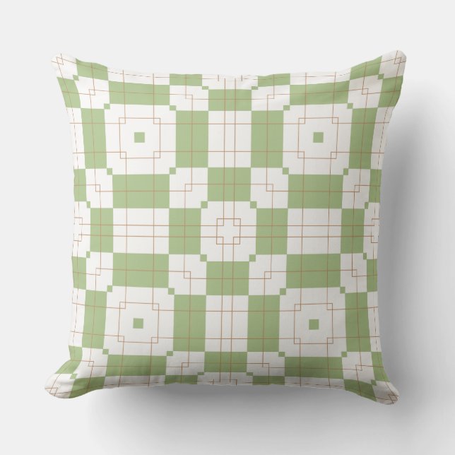 Sage Green Chequerboard Grid Pattern Throw Pillow (Front)