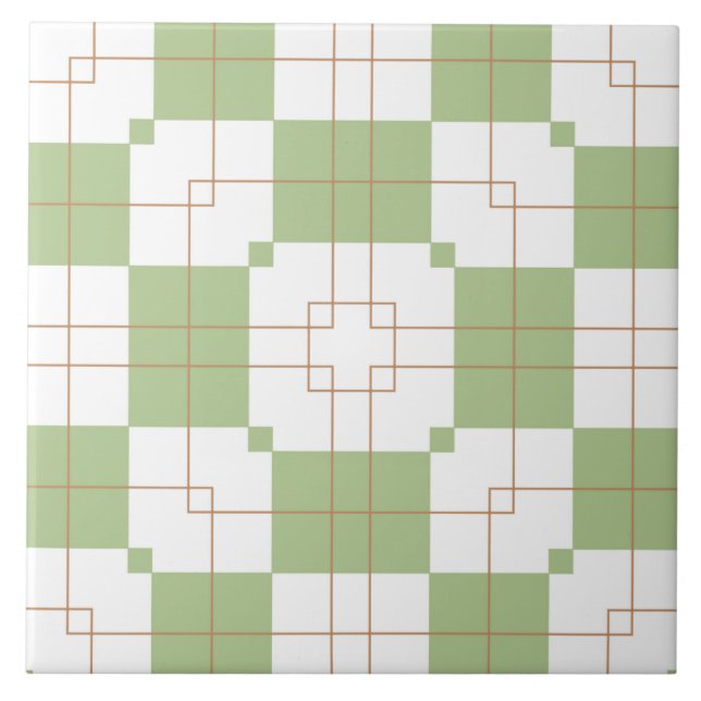 Sage Green Chequerboard Grid Pattern Tile (Front)