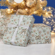 Sage Green Chequered Kitten Paw Print Wrapping Pap