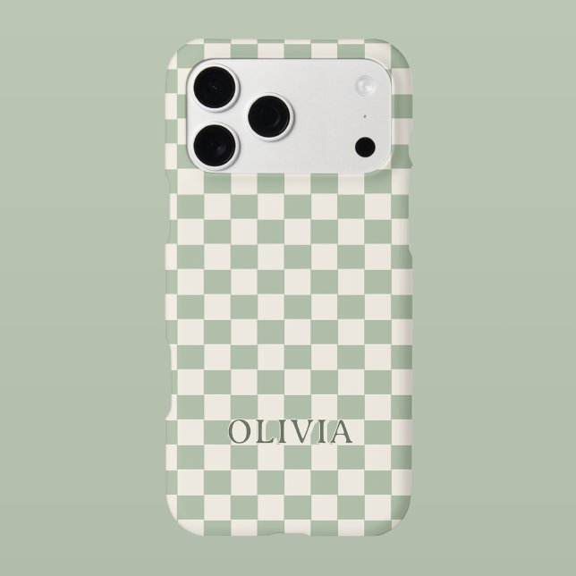 Sage Green Chequered Personalized Name  (Personalized Phone Case | Trendy Checker Pattern Design Sage Green)