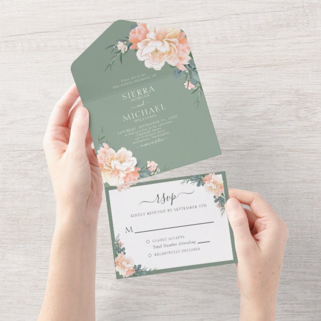 Sage Green Chic Blush Peach Floral Boho Wedding All In One Invitation (Tearaway)