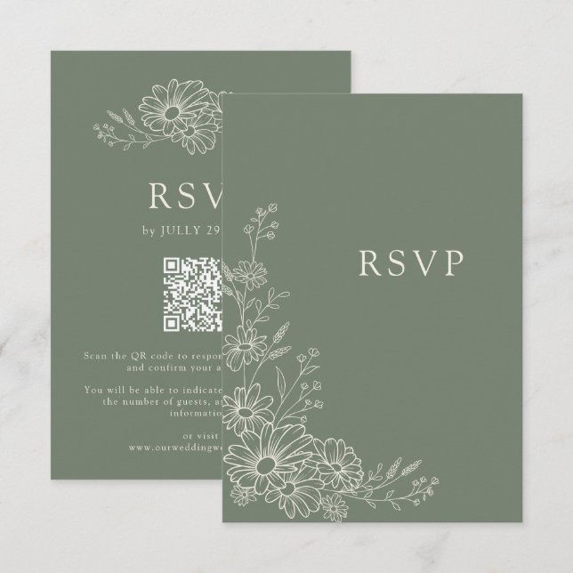 Sage Green Chic Botanical Daisy QR Code Wedding RSVP Card (Front/Back)