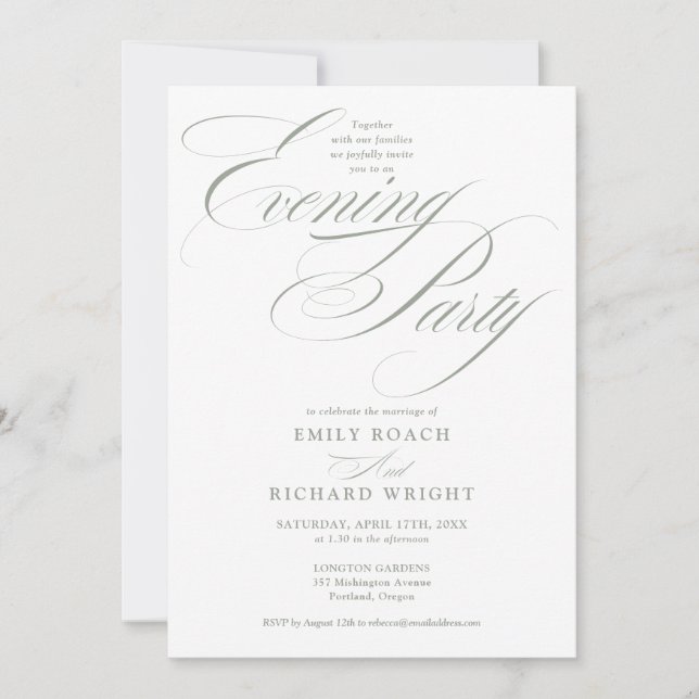 Sage Green Chic Script Wedding Evening Party Invitation (Front)
