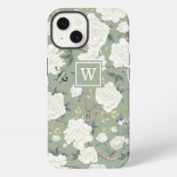 Sage Green Chinoiserie Bird Peony Garden Monogram