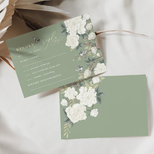 Sage Green Chinoiserie Bird Peony Wedding RSVP Card