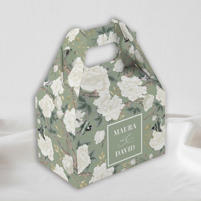 Sage Green Chinoiserie Birds Flowers Wedding Favor Box (Creator Uploaded)