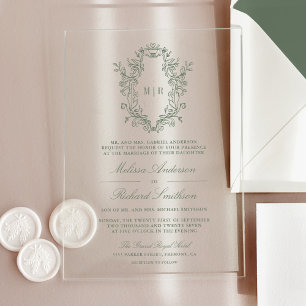 Sage Green Chinoiserie Crest Monogram Wedding Acrylic Invitations