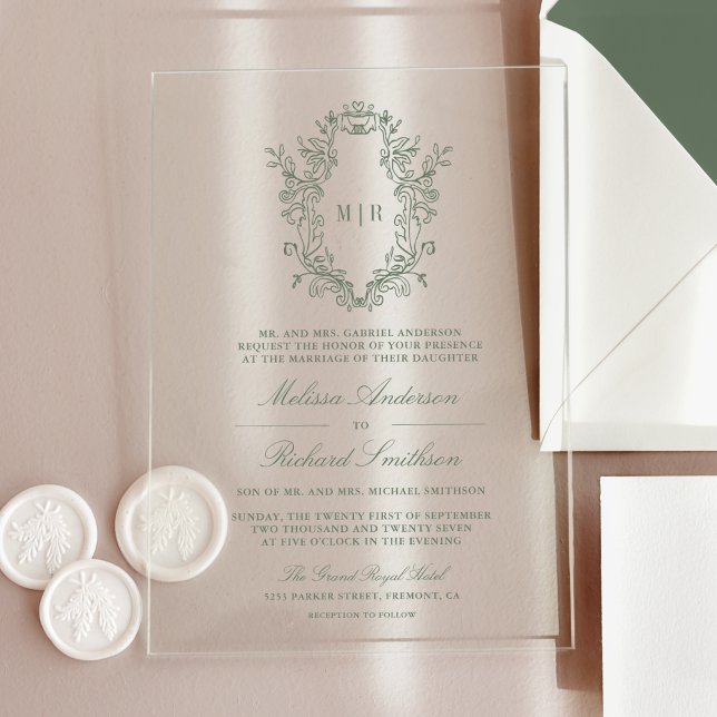 Sage Green Chinoiserie Crest Monogram Wedding Acrylic Invitations (Creator Uploaded)