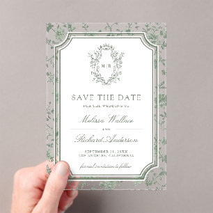 Sage Green Chinoiserie Crest Wedding Save the Date Acrylic Invitations