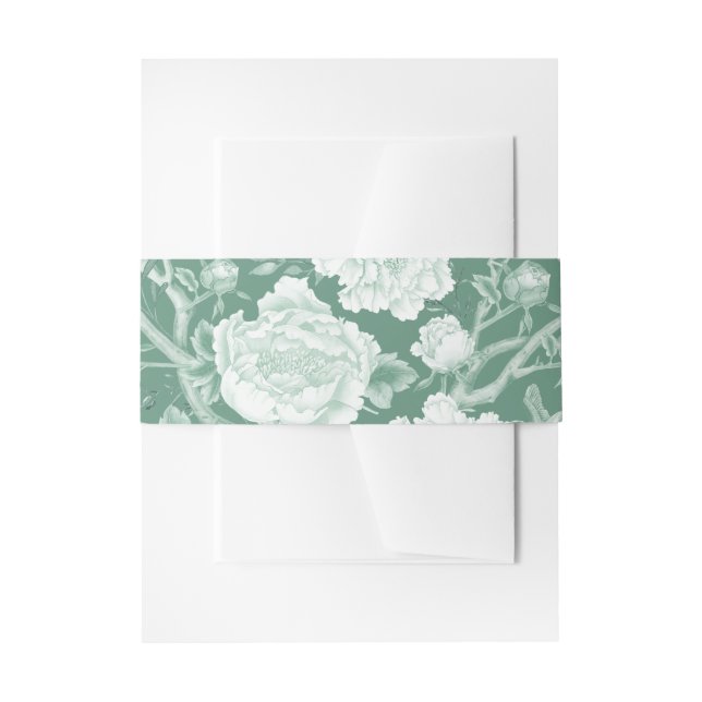Sage Green Chinoiserie Floral Garden Rococo Toile Invitation Belly Band (Front Example)